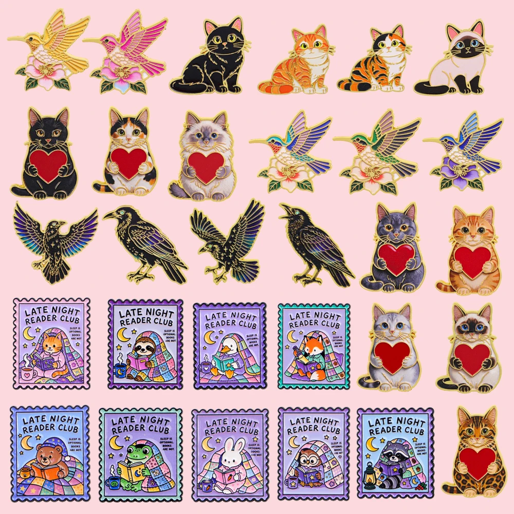 4-9pcs/set Cute Animal Enamel Pins Hummingbird Crow Cat Lapel Pin Metal Badge for Backpack Jacket Hat Collectible Jewelry Gift