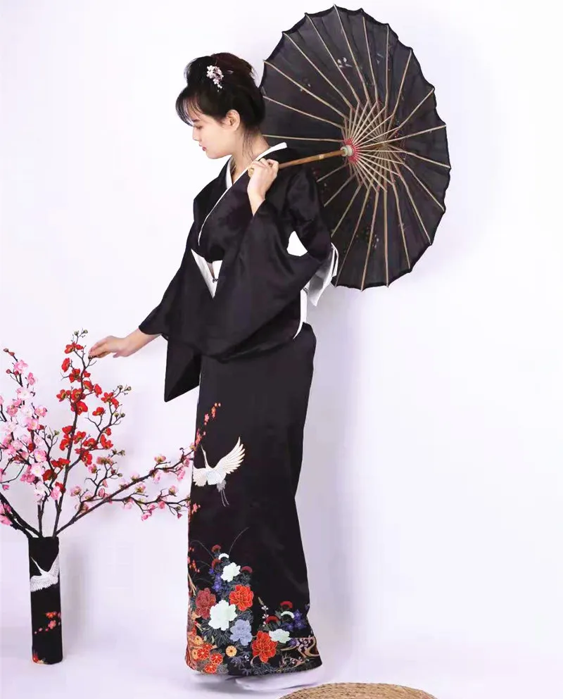 Japanese Traditional Ladies Kimono Black Stay Sleeve Positioning Crane Handle Wrinkle-resistant Fabric Vintage Travel