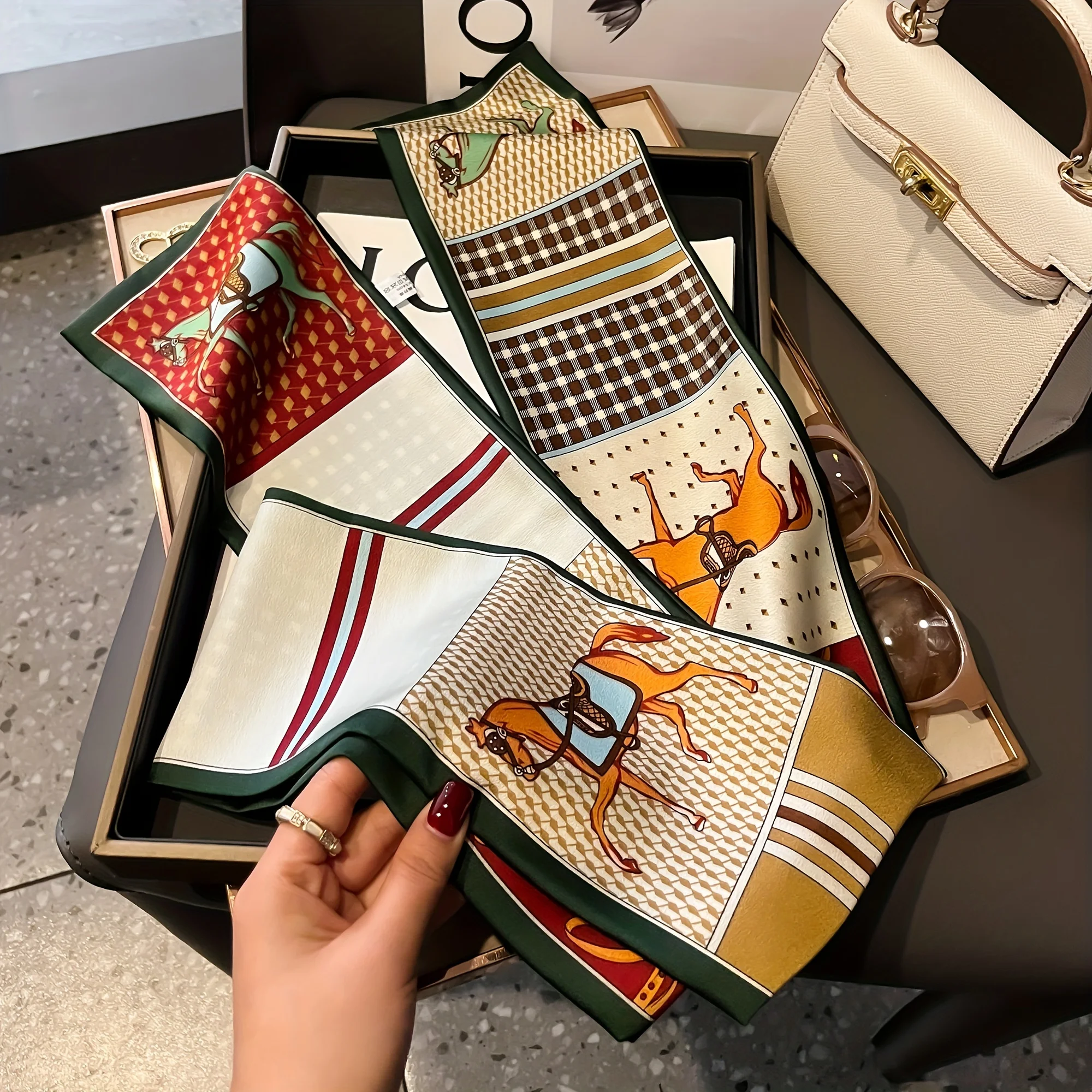 

Роскошный шелковый шарф с рисунком лошади, повязка на голову, шейный платок, платок, женские шарфы для волос, галстук на шею, узкие шарфы, мягкий атлас