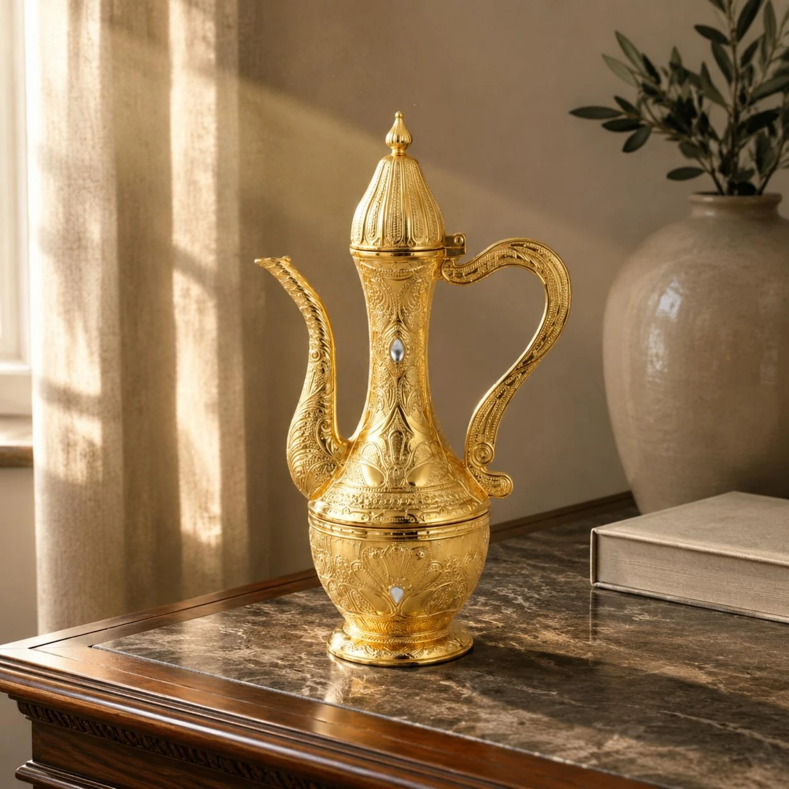

Metal Alcohol Set Antique Design Wine Decanter Set Home Decor Gold Finish Luxury Design for Display Shelf, Party