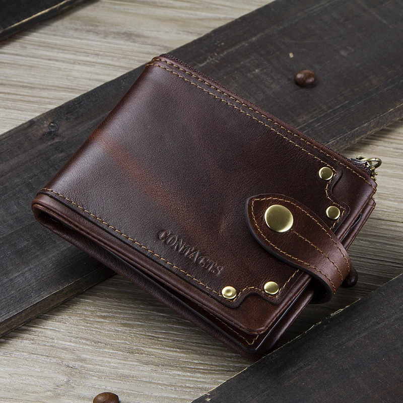 CONTACT'S Genuine Cowhide Leather Men Wallet Short Coin Purse Small Retro Compact Wallets  High Quality Multi-functional Luxury