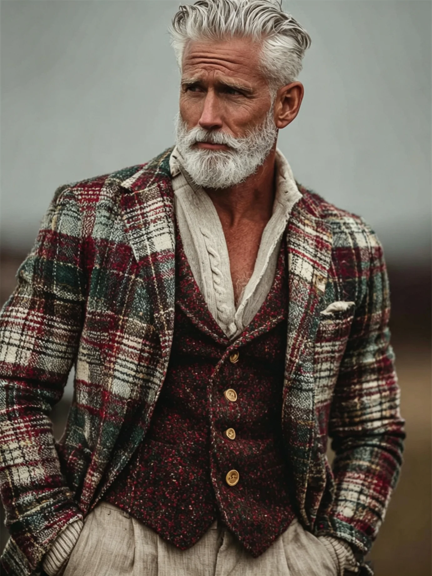 Luxury Vintage Plaid Tweed Blazer Suit Set 3 Piece Mens Wool Jacket Vest Pants Wedding Groom Party Custom Made M264394 view 4