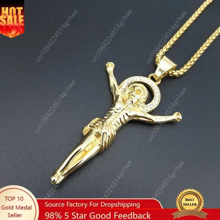 

Большое ожерелье из нержавеющей стали 316L, цепочка золотого цвета, христианские украшения, распятие Иисуса, мужское ожерелье с подвеской в виде креста для мужчин