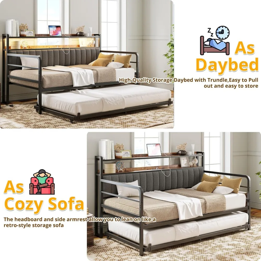 Espreguiçadeira com rodízio, luzes LED e estação de carregamento, espreguiçadeira de tamanho duplo com prateleiras de armazenamento de 2 camadas e cabeceira estofada