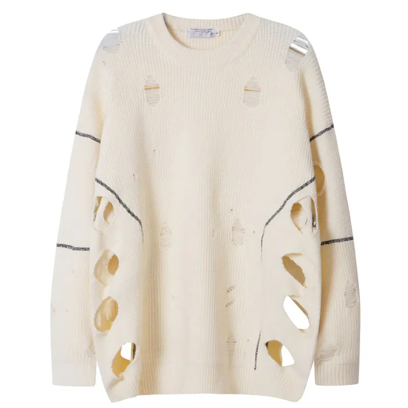 Vintage Sweater Y2K Grunge Distressed Open Knit Jumper Streetwear Hip Hop Ripped Holes Knitted Sweaters Harajuku Casual Pullover