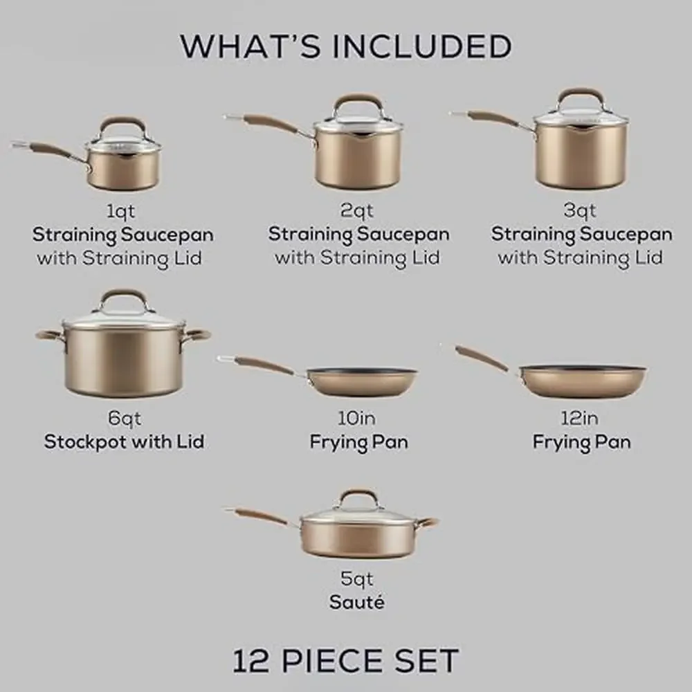 12-Piece Professional Hard Anodized Nonstick Cookware Set Induction Compatible High-Low Circles Design Stainless Steel Base