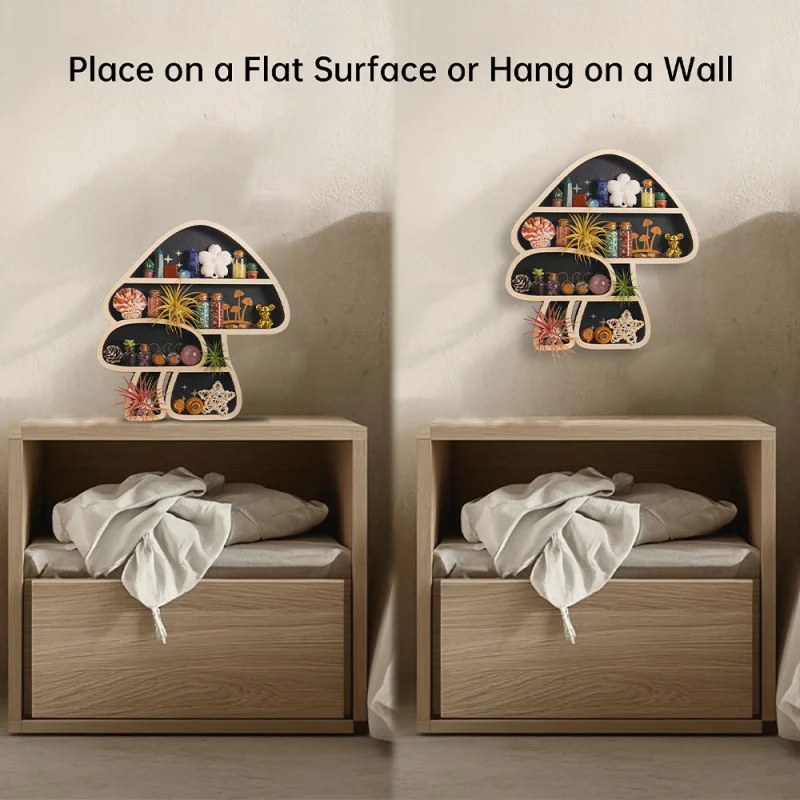 New mushroom wall decoration for home living room, wooden wall-mounted plant storage rack