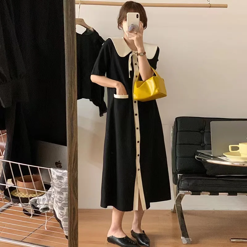 Extra große Größe 300-Pou-Bla-Puppenkragen, schlankmachend, lang, koreanisches Kleid, Pendeln, Wind, Sommer, lockere Passform, hohe Taille, A-Linie...