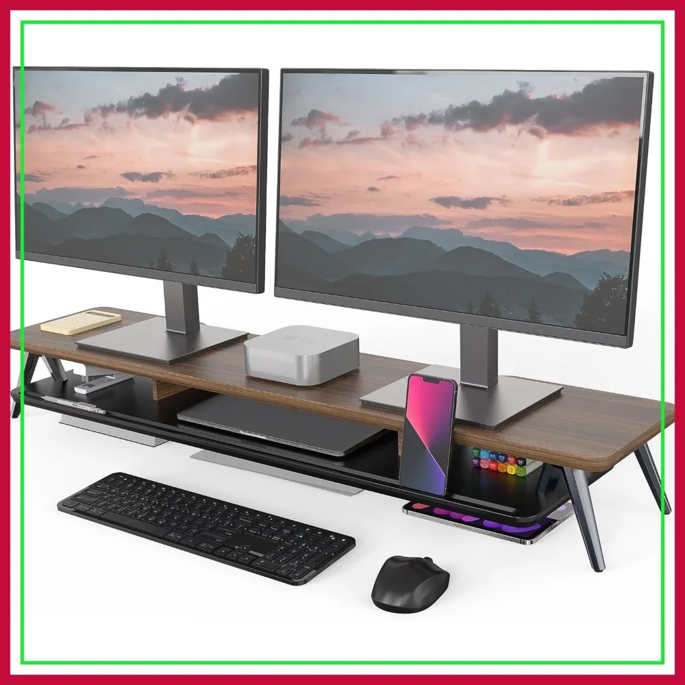 

42.5 Inch Wood Dual Monitor Stand Riser with Storage and Cable Management for Office Desk