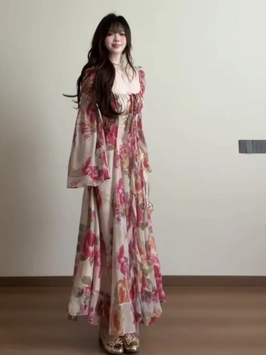 

French Style A-Line Long Dress Floral Print Square Neckline Beach Vacation Women's Dress plus Size Elegant Casual Skirt