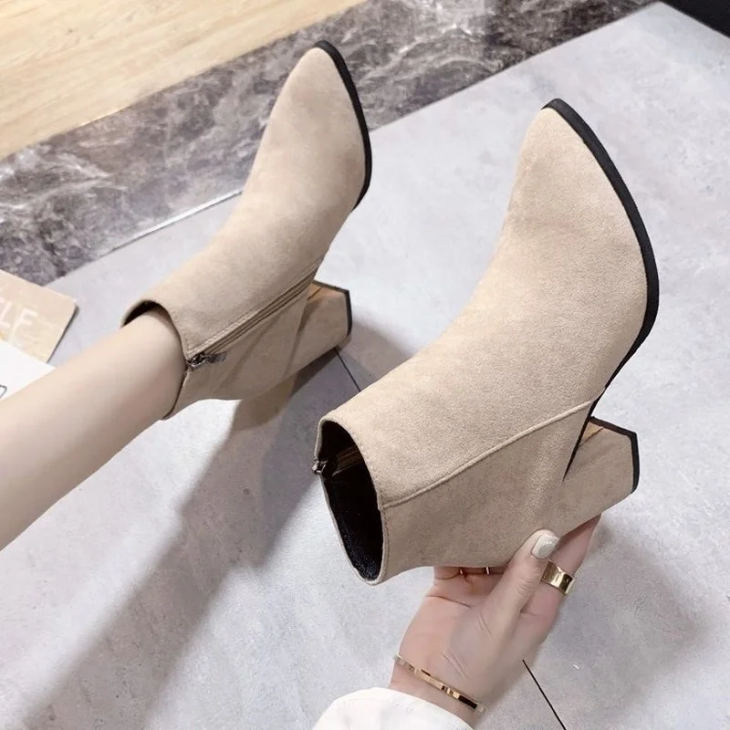 High Heel Ankle Boots Women\'s Winter 2024 New Side Zipper Suede Pointed Head Korean Shoes Ladies Fashion Thick Heels Beige Black