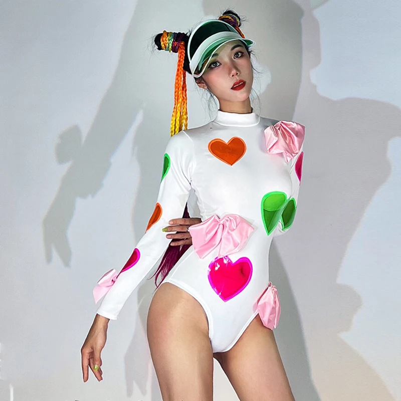 

Bar nightclub party performance tights jazz dance team stage suit bow heart pattern sexy jumpsuit