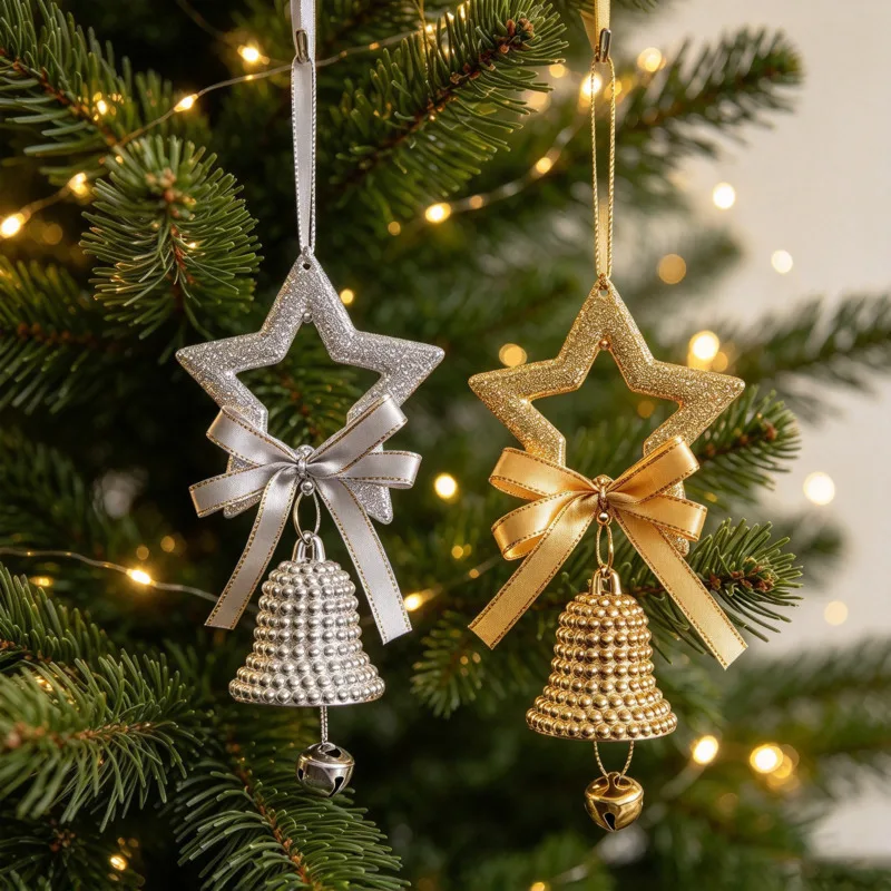 Star Hanging Jingle Bells Bow Pendant Christmas Tree Ornament Door Handle Window Holiday Decoration Christmas Party Home Decor