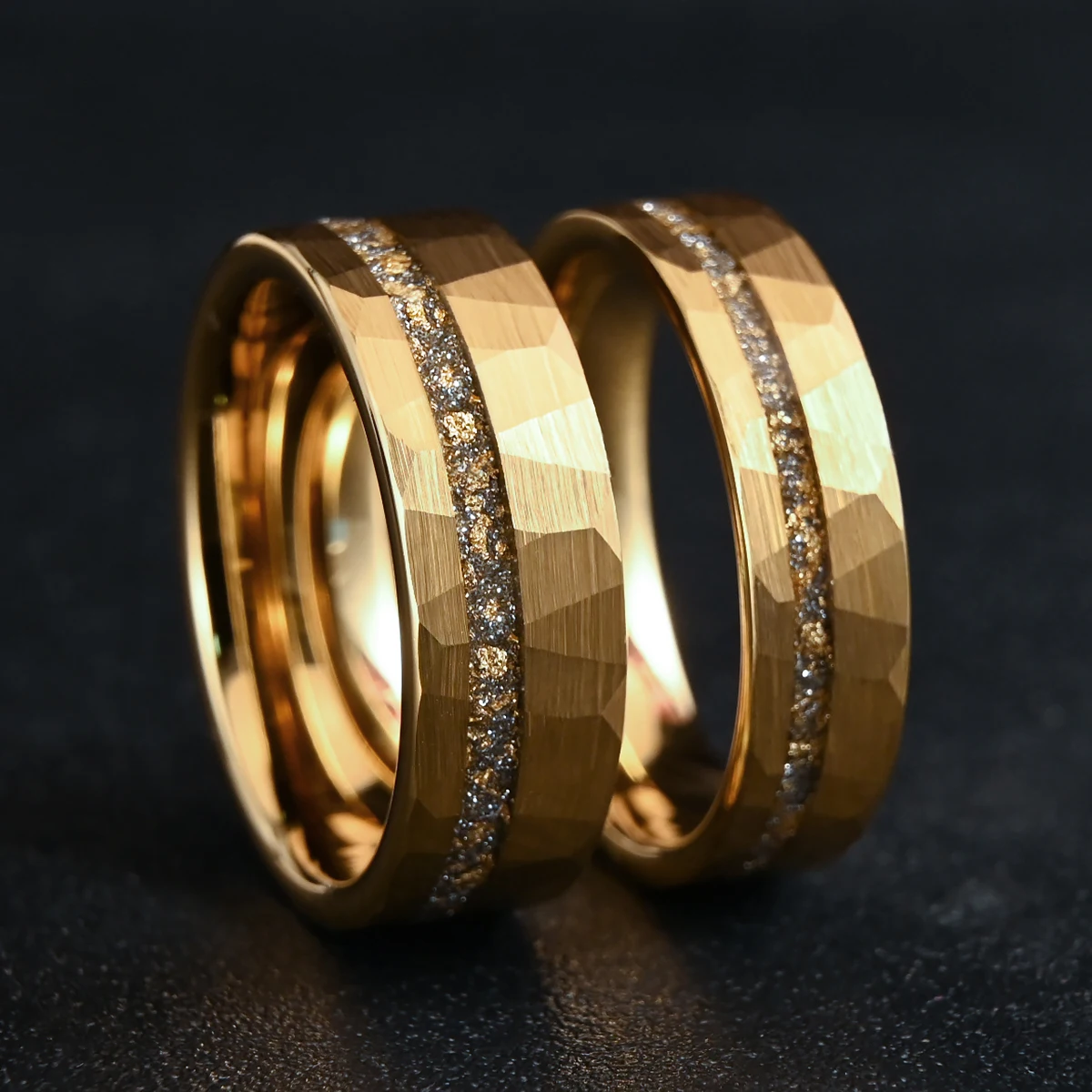 8/6mm Gold Color Tungsten Carbide Men's Wedding Bands Inlaid Gold Leaf White Opal Classic Hammered Engagement Promise Daily Ring