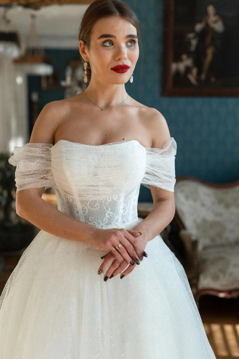 Elopement Dresses Tea Length Bridal Short Wedding Dress Off The Shoulder Tulle Sparkling Dresses Simple A Line Dress Wedding