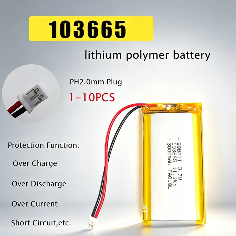 

3.7V 3000mAh 103665 Lithium Polymer Battery Jst PH 2.0mm Plug For Ship Model Excavator Large Charging Drone Bluetooth Speaker