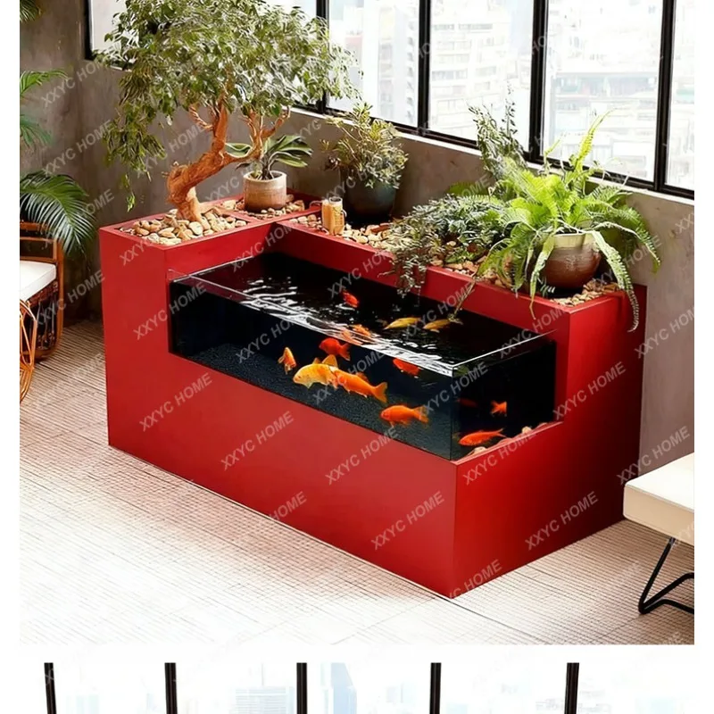 XX Stainless steel metal glass fish tank balcony ecological fish tank circulating water filter flowing water landscape flower