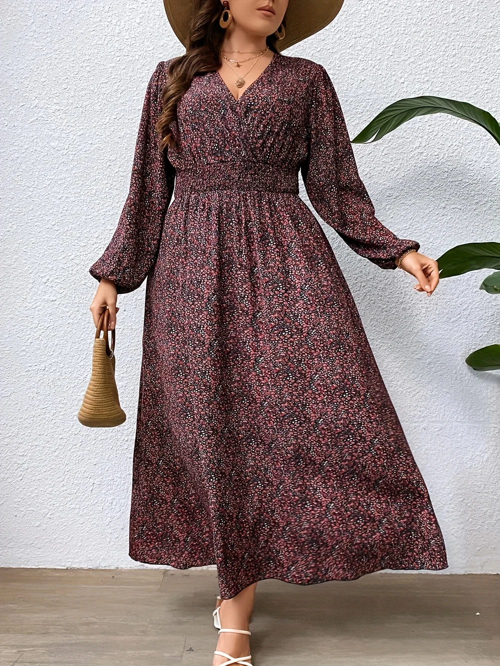 Women\'s Plus Size Waisted V-Neck Dress Fashion Ditsy Floral Print Lantern Sleeve Dresses Women\'s Clothing