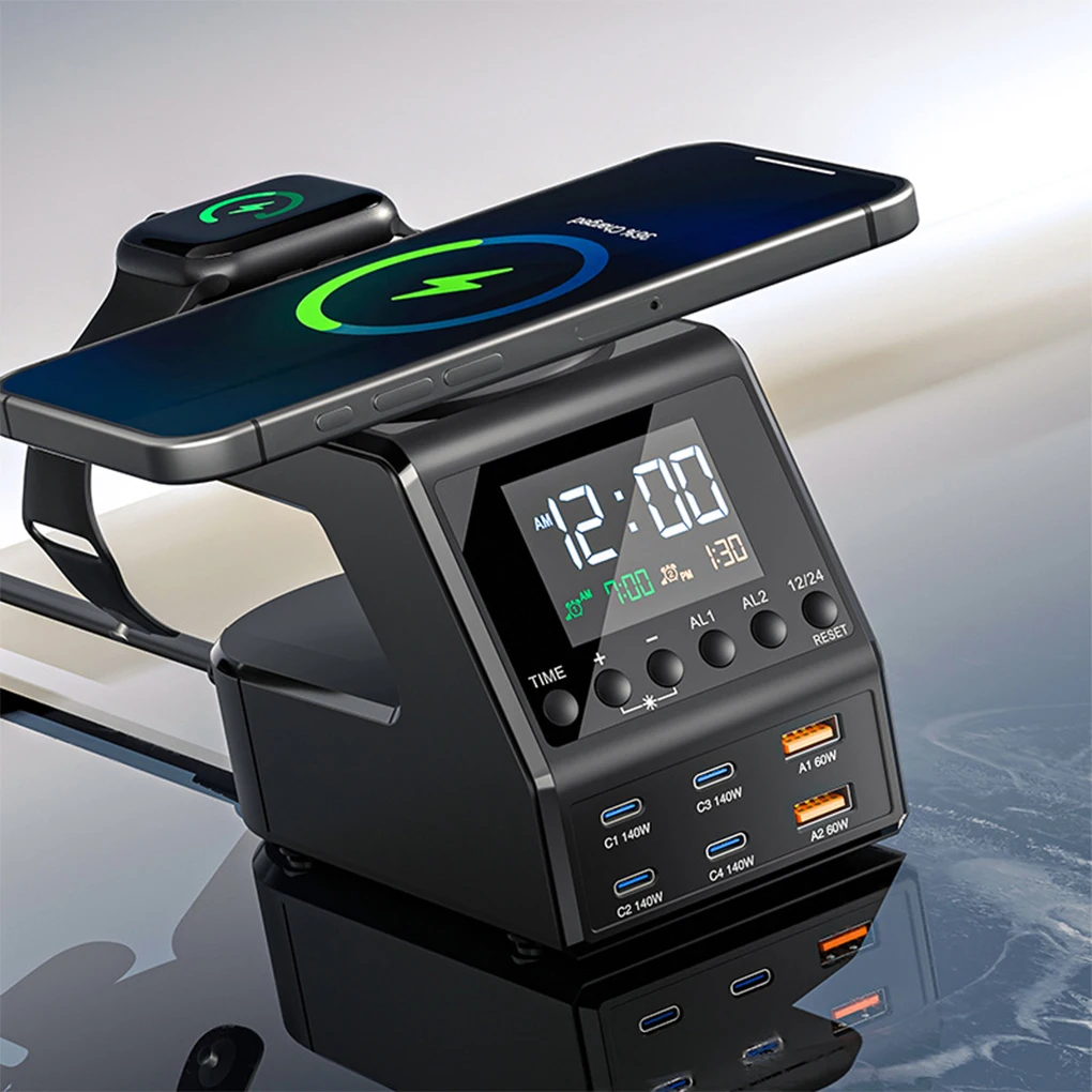 

Multi-function Wireless Charger All-in-one Digital Clock Alarm 240W Fast Charger Station for MacBook iPhone Samsung Mobile Phone