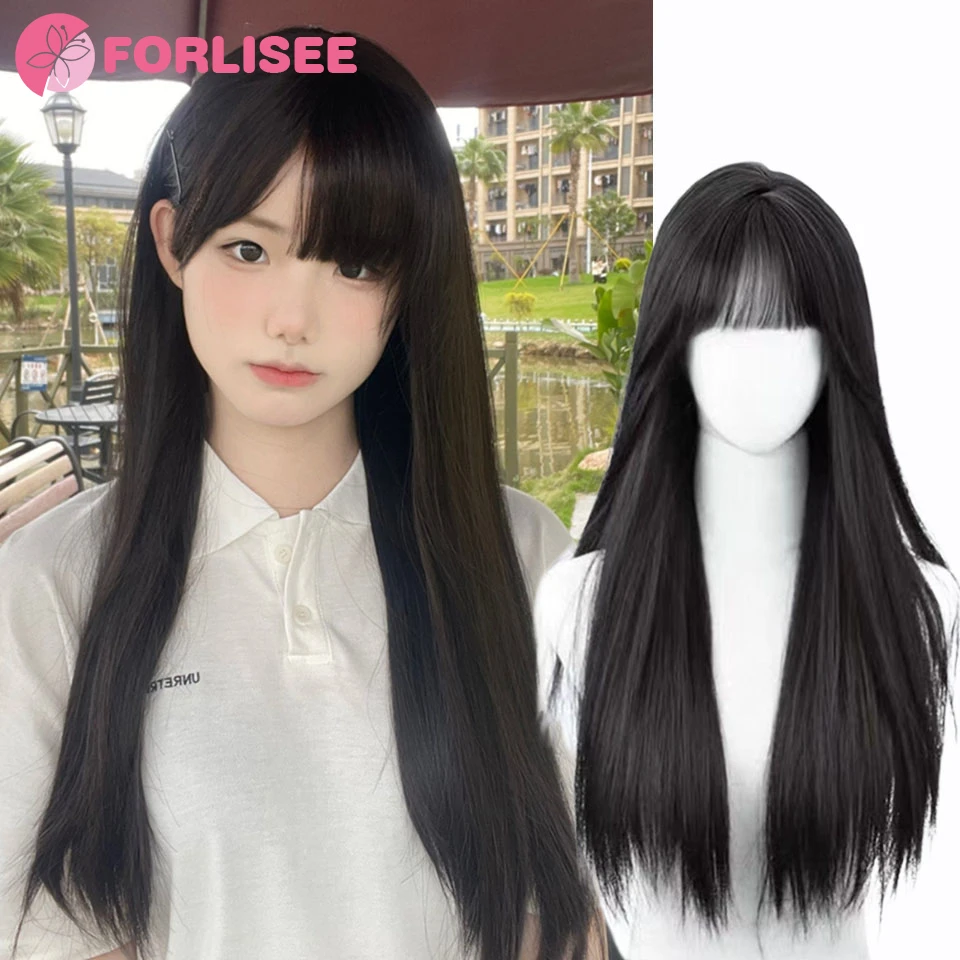 FORLISEE Long Silky Straight Synthetic Wigs with Bangs Black Cosplay Party Lolita Hair Wigs for Women Natural Heat Resistant Wig