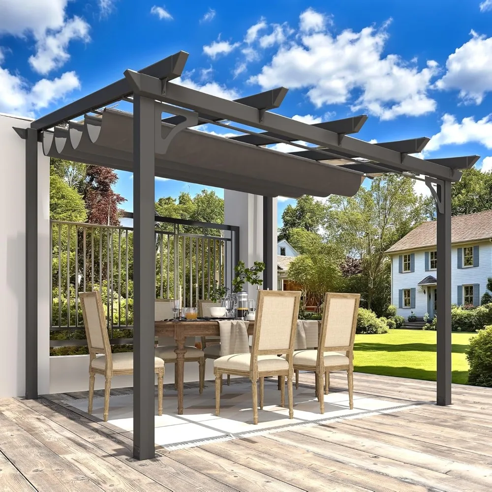

10' x 8' Gazebo for Patio, Retractable Pergola with Adjustable Sun Shade Canopy Roof, Small Wall-Mounted Lean to Outdoor