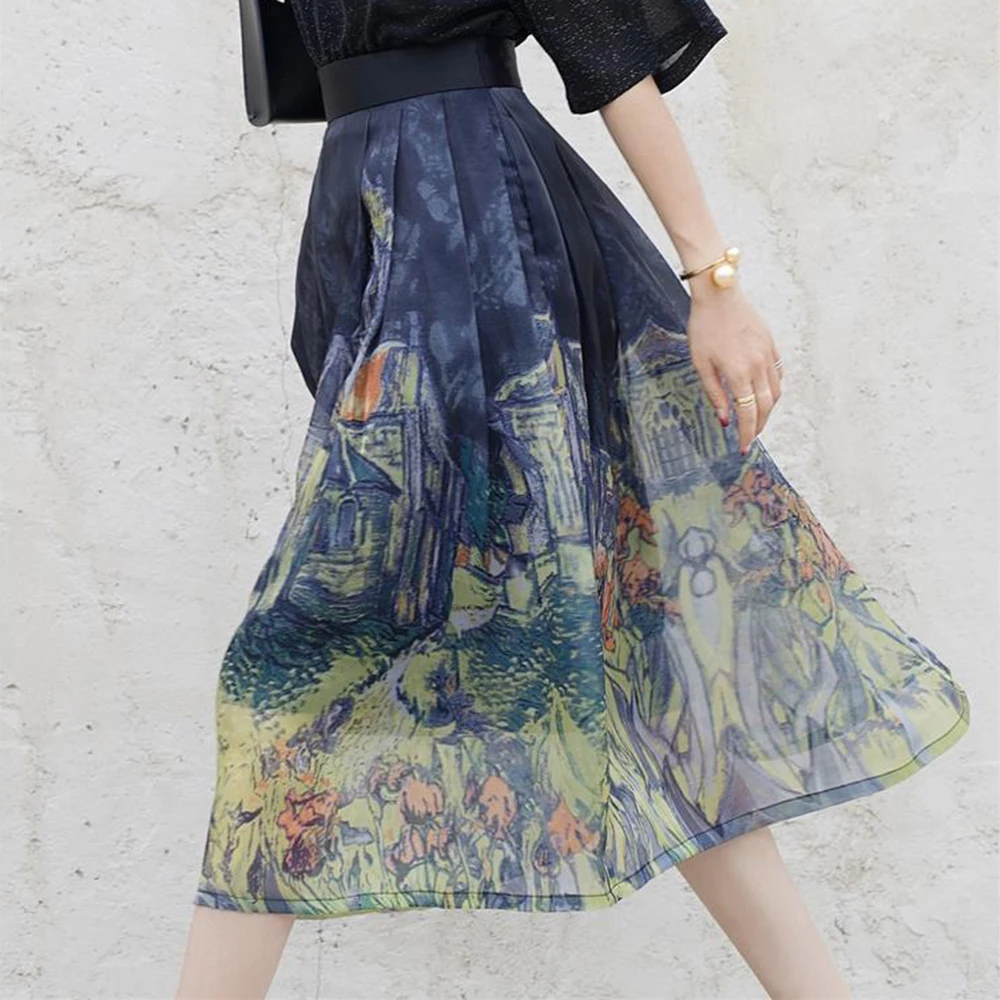 

Retro Hepburn style puffy skirt 2024 spring new high waist slimming oil painting half skirt big swing A-line skirt