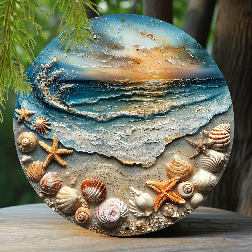 

Aluminum Sign Faux Resin Painting Round Sign Entrance Decoration Valentine's Day Gifts Starfish And Seashells Theme Decoration