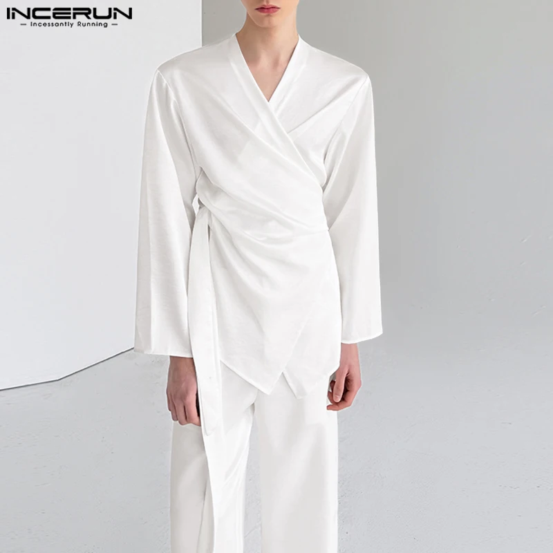 

INCERUN Men Sets Solid Color Long Sleeve Irregular Shirt & Pants Two Pieces Sets Loose Streetwear 2025 Fashion Men Casual Suits