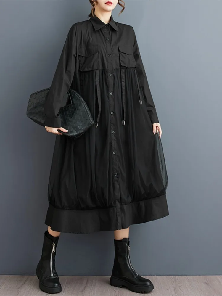 Oversized Mesh Patchwork Autumn Shirt Dress Women Loose Pleated Fashion Long Sleeve Ladies Dresses Casual Woman Long Dress