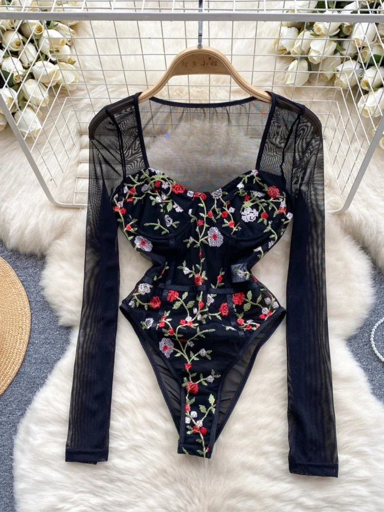 

Women Sexy Embroidered Playsuits Vintage Slim Mesh Long Sleeved Undershirt Black Floral Bodysuits Rompers Club Party Jumpsuits