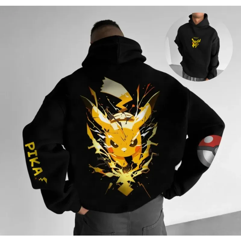Pokemon Handheld Game Cartoon Print Hoodie 2025 Autumn and Winter Men's Cartoon Hand-painted Fashion Trend Loose Casual Jumper