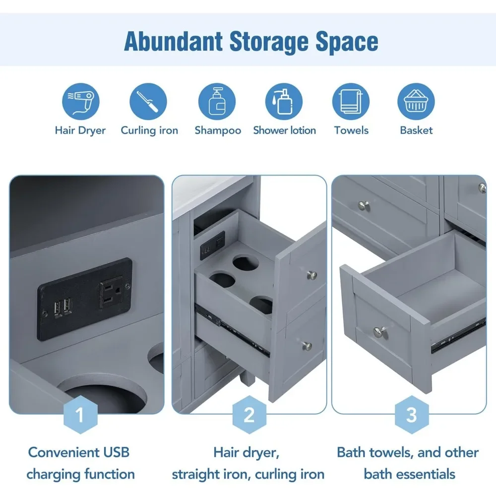 USB 충전 기능이 있는 모던 욕실 세면대, 욕실 수납 캐비닛, 2 개 문 및 3 개 서랍, 36 인치