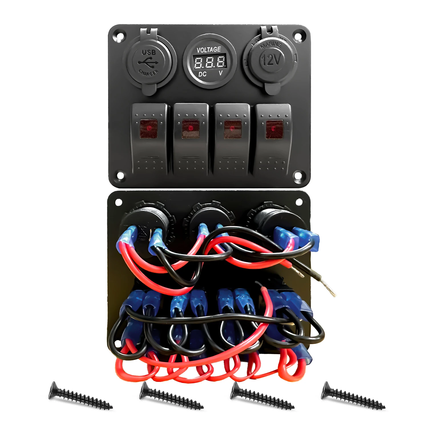 

Водонепроницаемая 4-клавишная панель переключателей LED с USB-вольтметром, 12В/24В, для модификации автомобилей, грузовиков, фургонов, морского транспорта