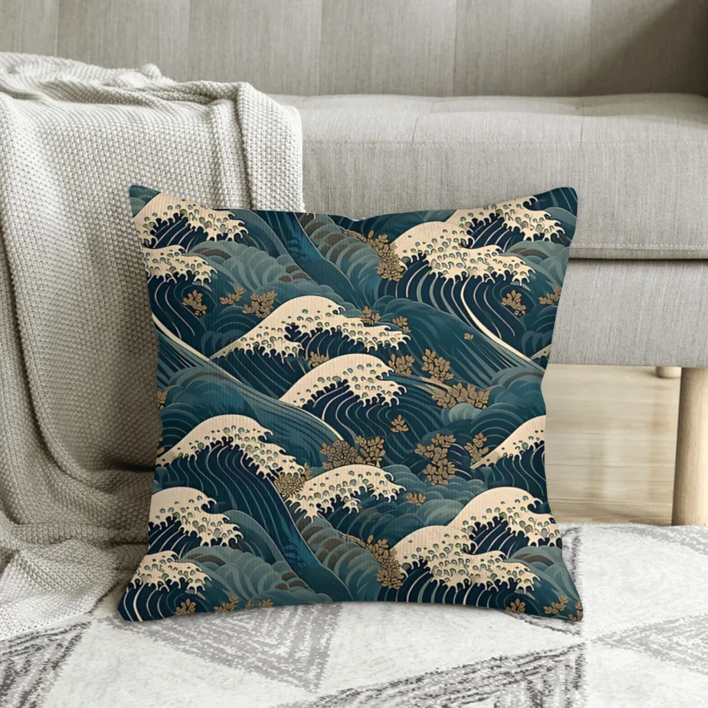 The Great Wave Off Kanagawa  Polyester Cushion Cover For Bedroom Car Decorative Kawaii