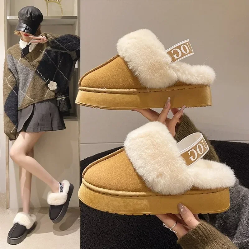 Fashion thick-soled women\'s slippers casual home suede fur warm open-heel flip-flops uggs brand plush cotton slippers flat shoes