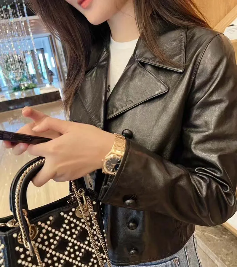 Women's Real Sheepskin Jacket Double-Breasted Casual Style Long Sleeve Short Length Spring 2025 New Arrival