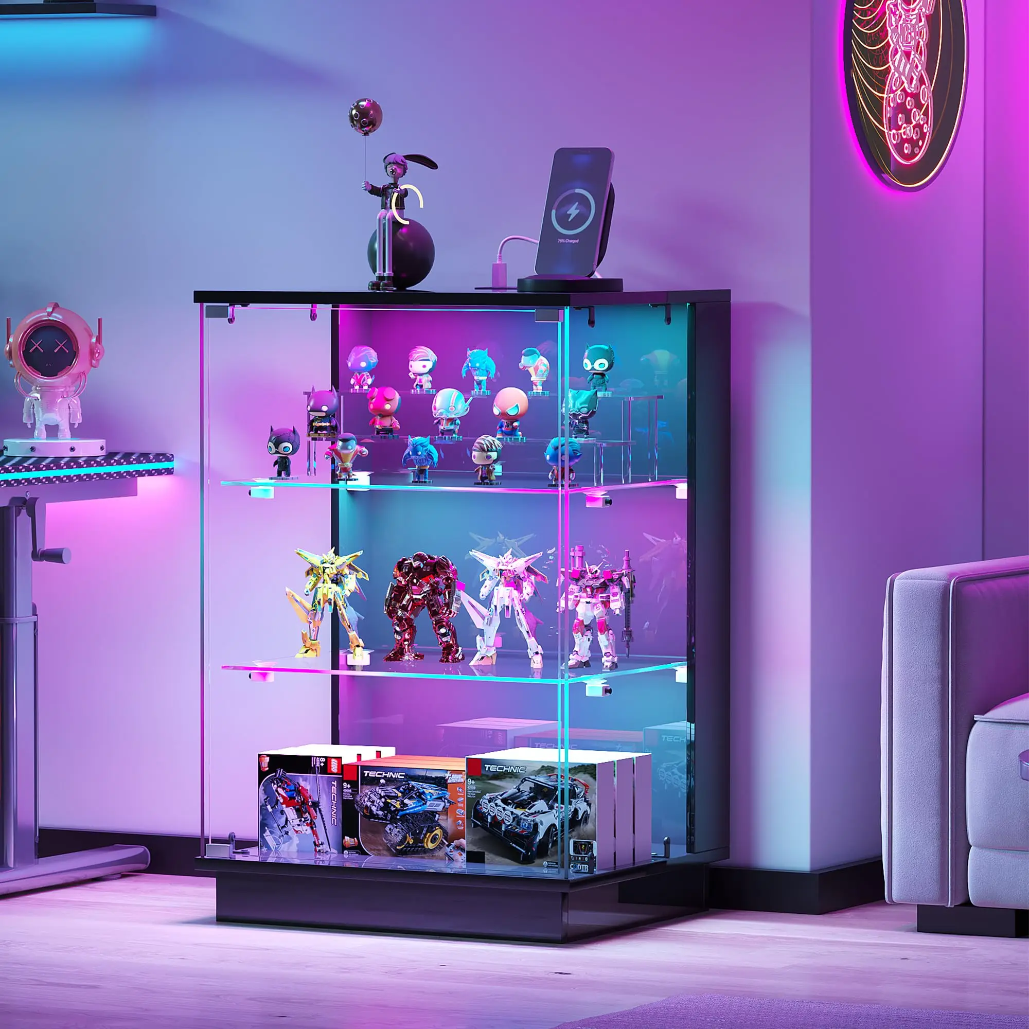 Glass Display Cabinet with USB Charging Station&LED Lights,Black