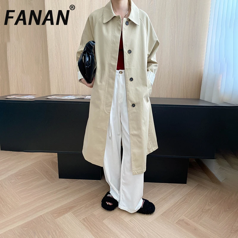 

FANAN Women's Trench Lapel Single Breasted Straight Long Windbreaker Office Lady Solid Minimalism Coats Fashion 2025 Autumn New