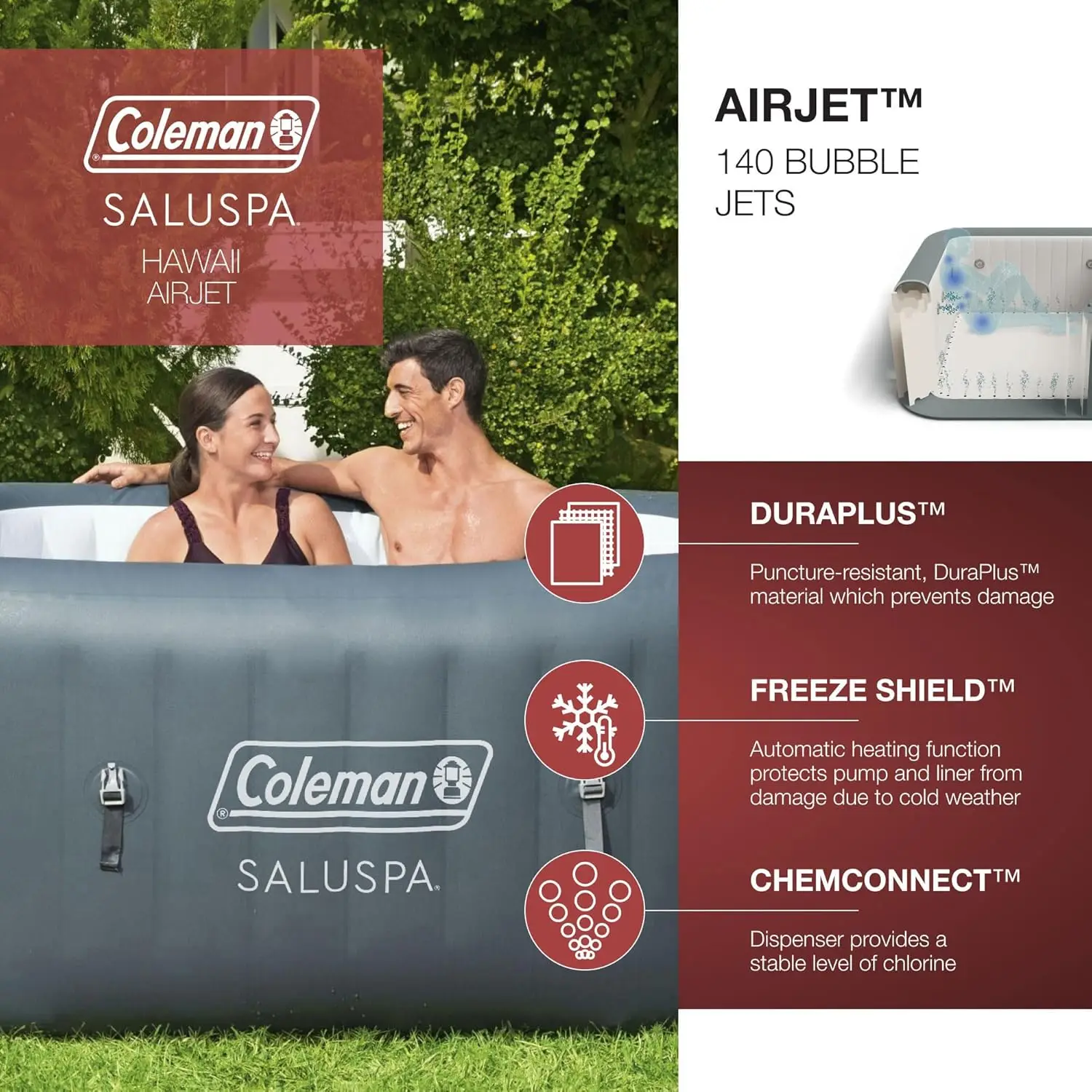 Saluspa 114 Rustgevende Airjet Square Hot Tub met 2 stuks Saluspa Spa-stoelen en 2 sets Saluspa gewatteerde hoofdsteunkussens