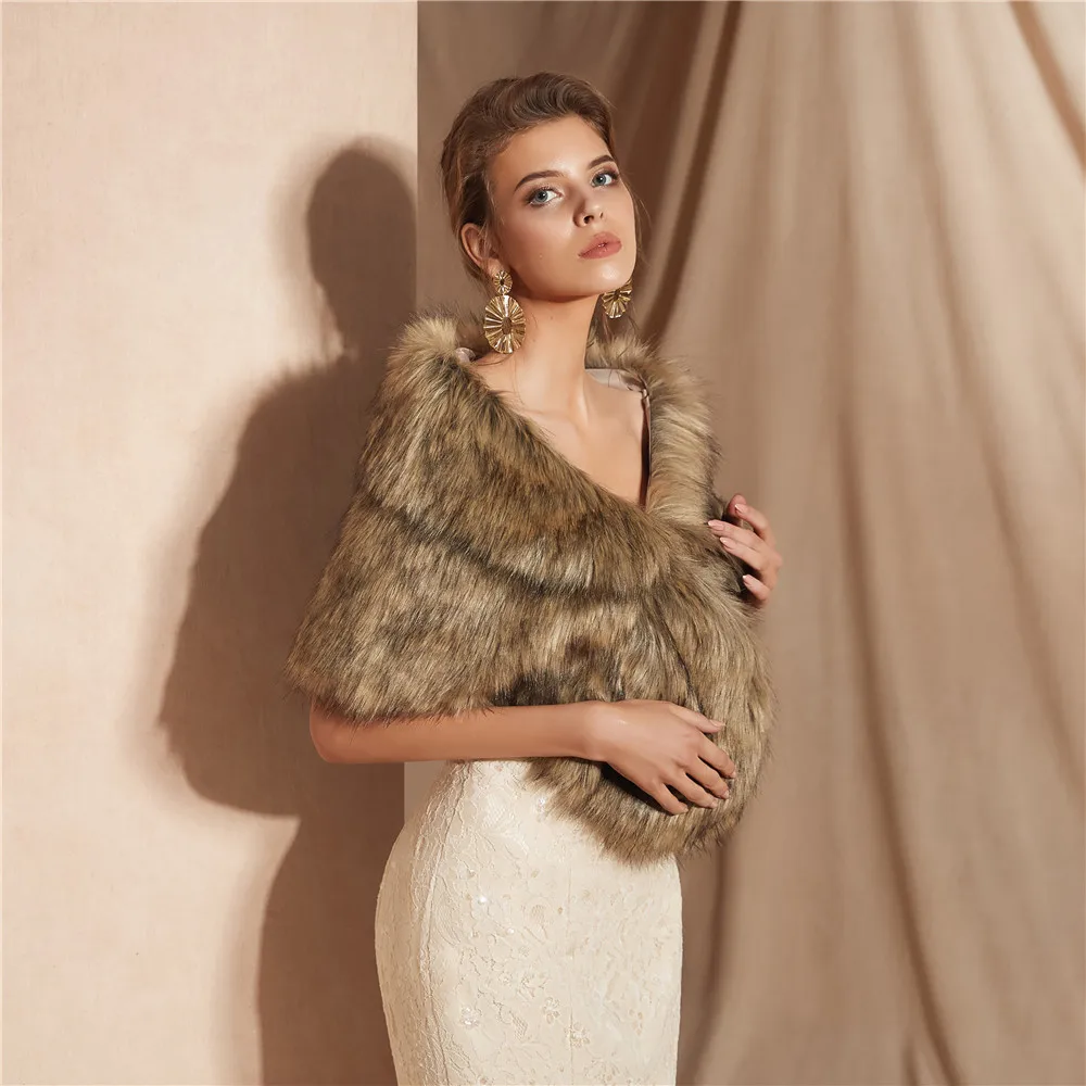 Women Imitation Fox Fur Shawl Warm Wedding Bridal Cape Tulle Overcoat Bride Waistcoat for Christmas Evening Gown