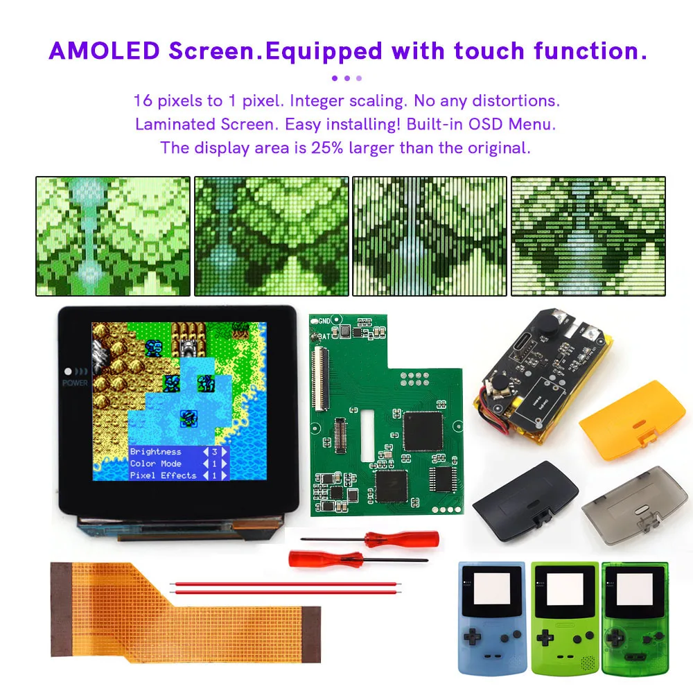 Drop in AMOLED Laminated GBC OLED  display Touch screen  Customized Shell Rechargable Type C Lithium Battery For GameBoy Color