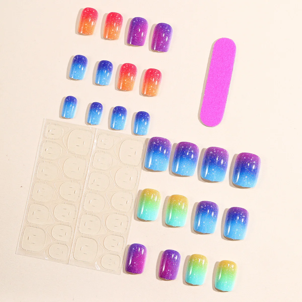 Short Medium fake nails Y2K gradient yellow purple blue pink red with shiny glitters Square ballet reusable press on false nail