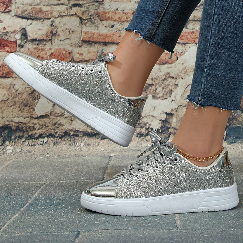 Scarpe da ginnastica con paillettes da donna Moda con lacci Punta tonda Fondo spesso Comfort Flats Primavera Autunno Tendenza Casual Scarpe stringate basse