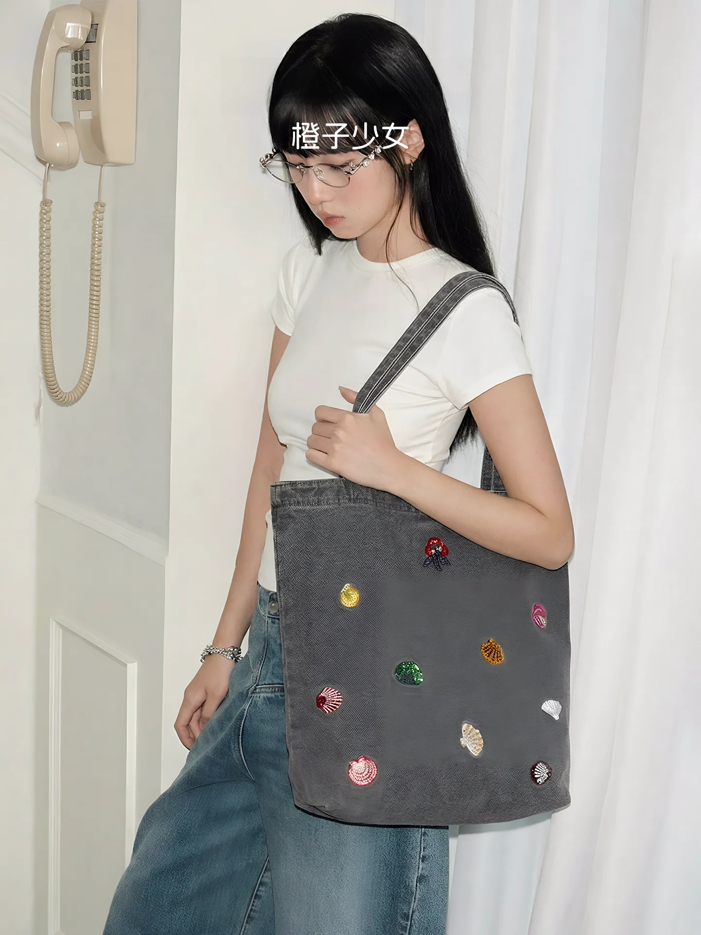 

Embroidered Detail Canvas Tote Bag Commuter Casual Style Single Shoulder Bag Large Capacity Versatile Casual Chic