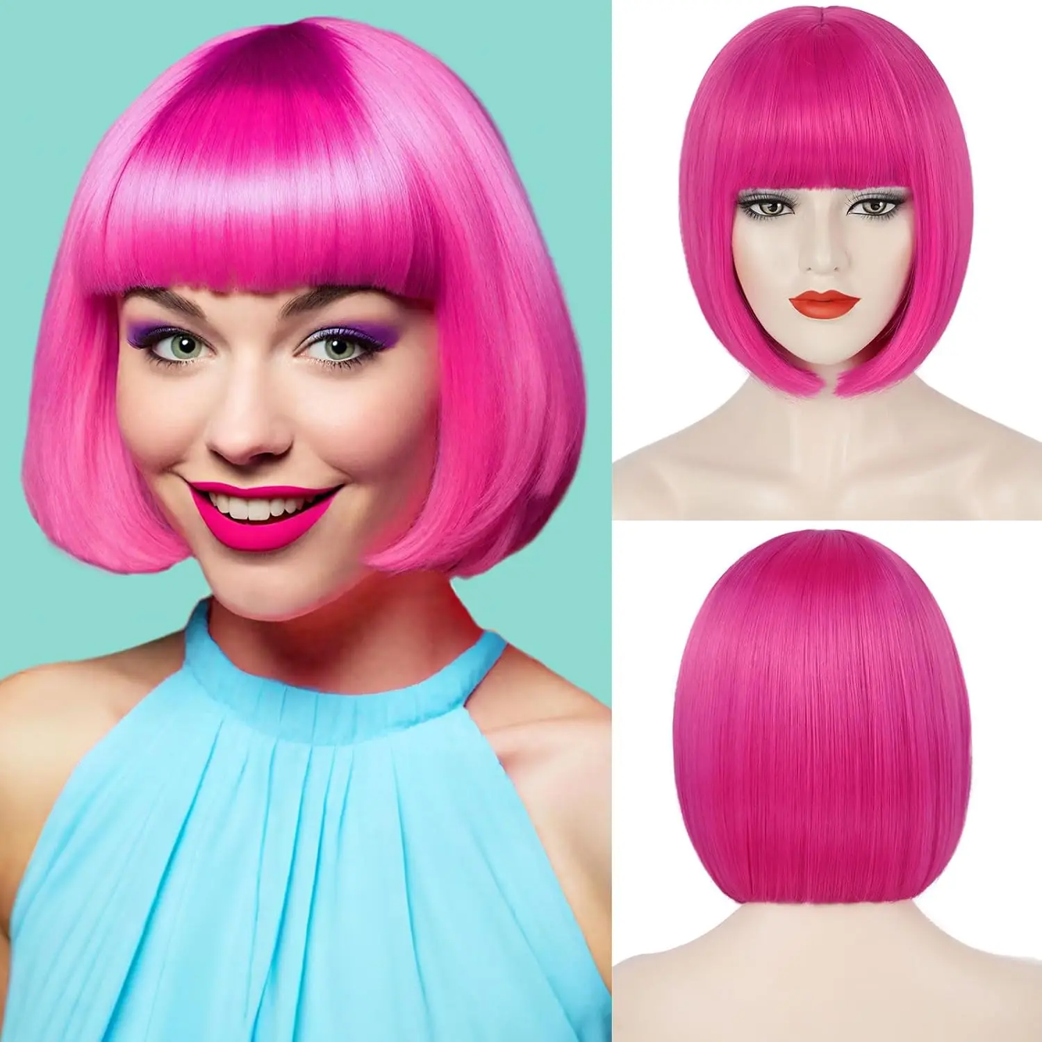 

Синтетический парик-каре + бесплатная шапочка для парика для женщин, короткий прямой парик-каре с челкой, забавный парик для вечеринок, косплея, костюмов, Хэллоуина