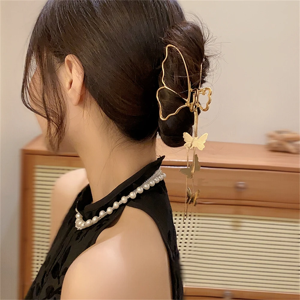 Large Hollow Out Butterfly Metal Hair Claw with Tassel Korean Geometric Gold Color Women Girl Head Wear Hair Accessories Jewelry