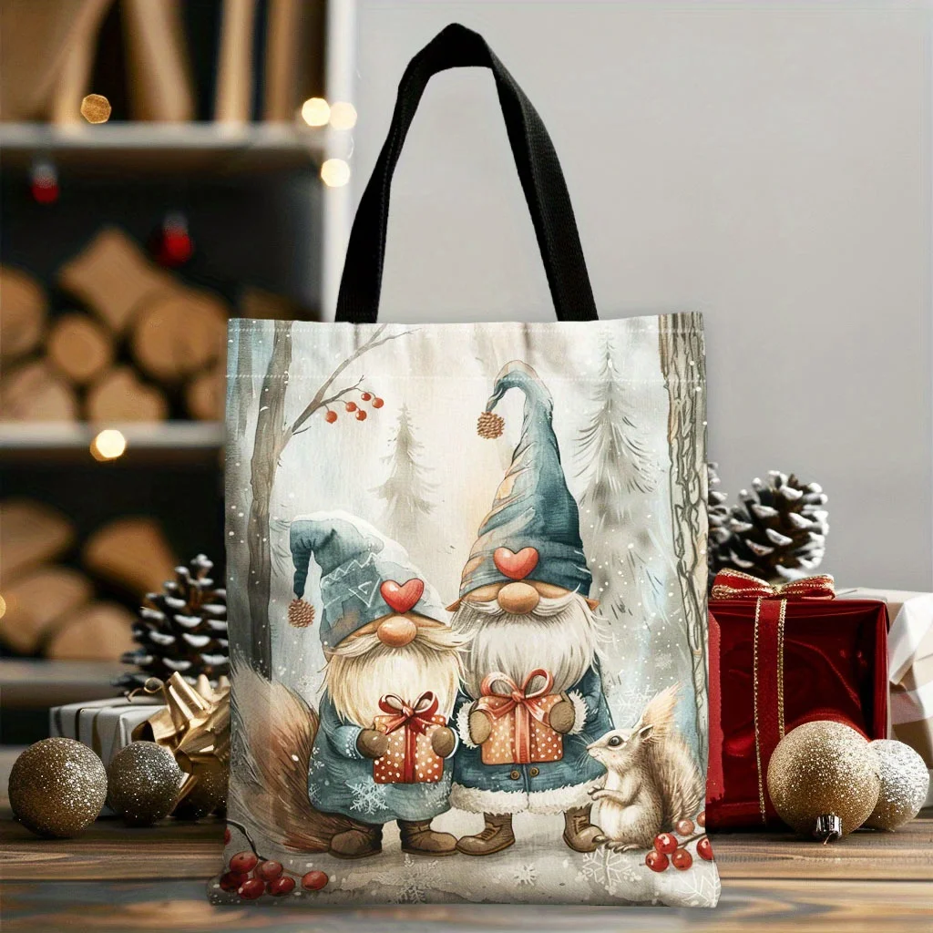 

1pc Christmas Gnome Snowy Forest Tote Bag - Durable Reusable Holiday Shopping Bag with Festive Red Hat Design
