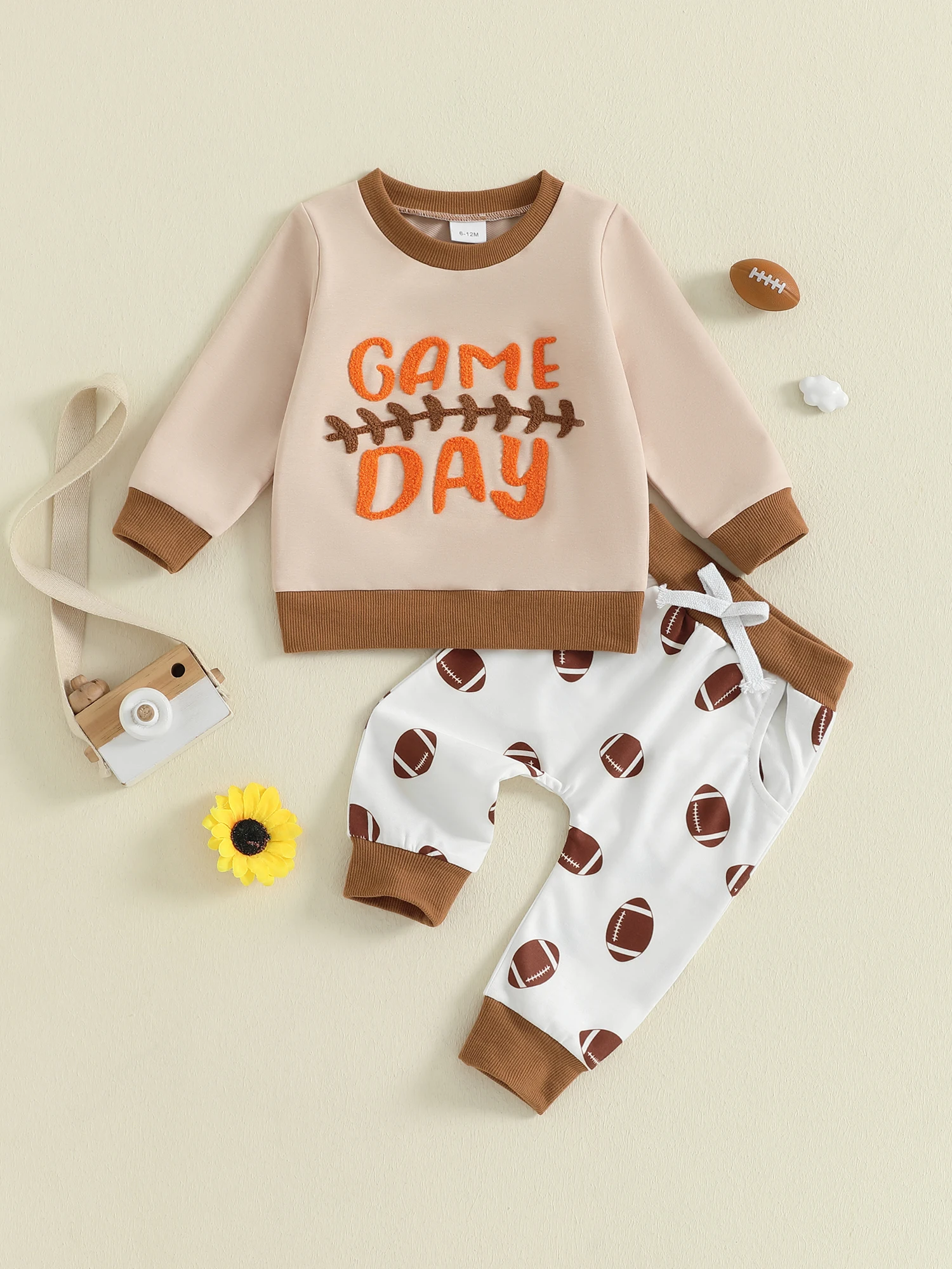 

Infant 2-Piece Autumn Ensemble with Long-Sleeve Lettered Sweatshirt and Soccer Patterned Trousers for Toddlers - Stylish Kids