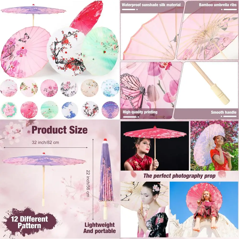 

Chinese Bamboo Silk Umbrellas, 12 Pack, 32 Inch, Traditional Japanese Parasols for Weddings, Art, Dance, Bridal Decor