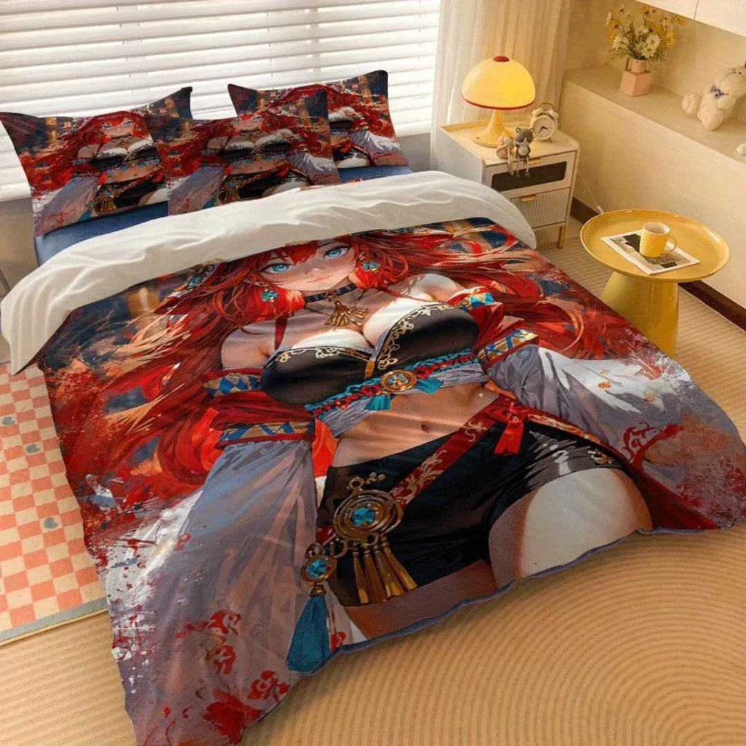 طقم غطاء لحاف مطبوع عليه رسوم متحركة Firefox Girl مكون من 2/3 قطعة، مجموعة غطاء لحاف تحتوي على غطاء لحاف وغطاء وسادة - مثالي لغرفة النوم،